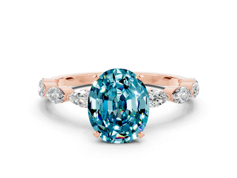 Rose gold Oval Cut Blue Topaz Ring with Marquise Side Stones and Prong Setting