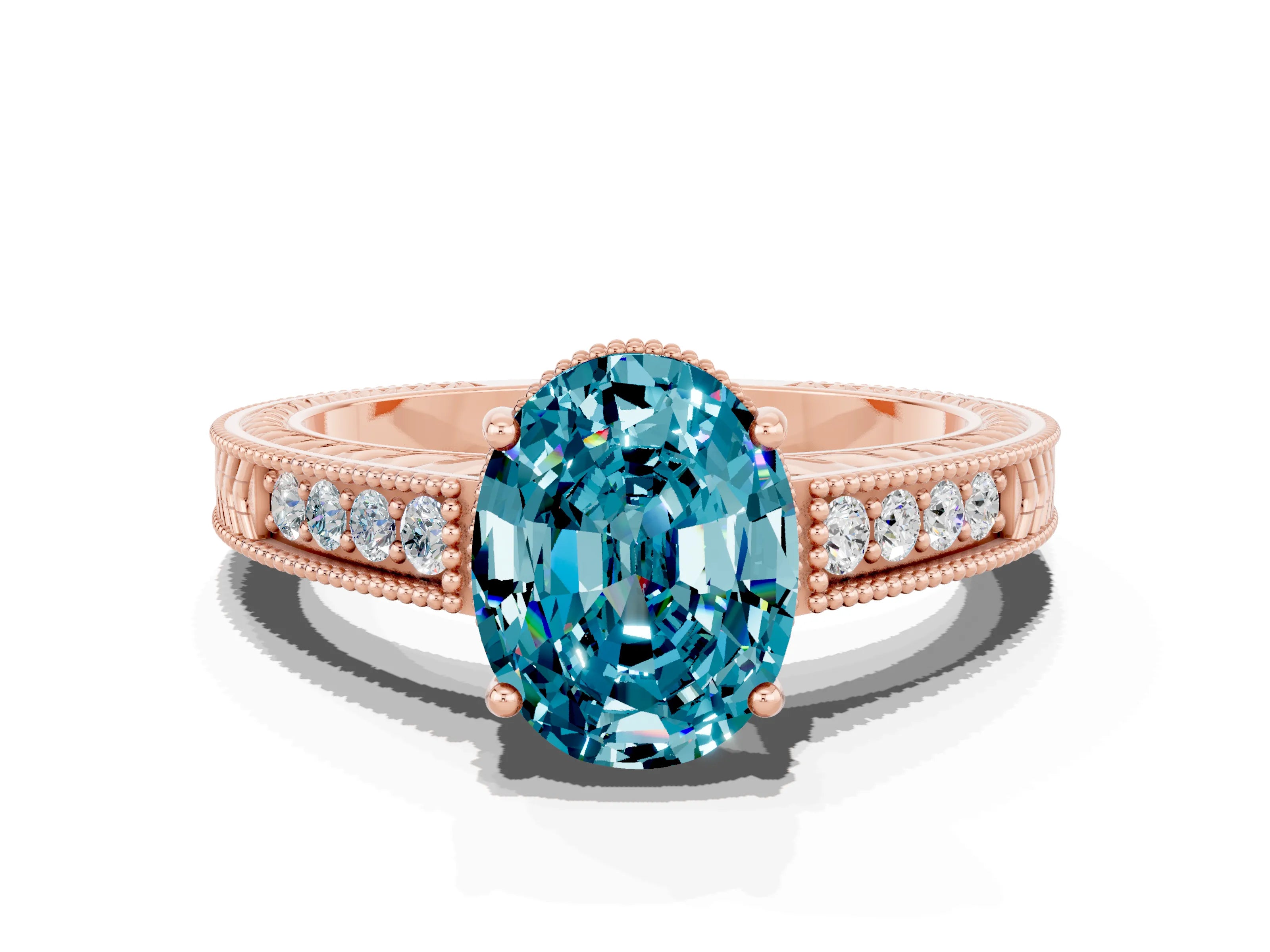 Rose gold Oval Cut Blue Topaz Ring with Milgrain Pavé Band and Four-Prong Setting_12