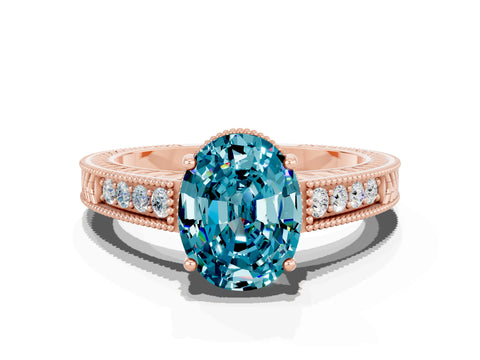 Rose gold Oval Cut Blue Topaz Ring with Milgrain Pavé Band and Four-Prong Setting_12