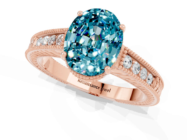 Rose gold Oval Cut Blue Topaz Ring with Milgrain Pavé Band and Four-Prong Setting