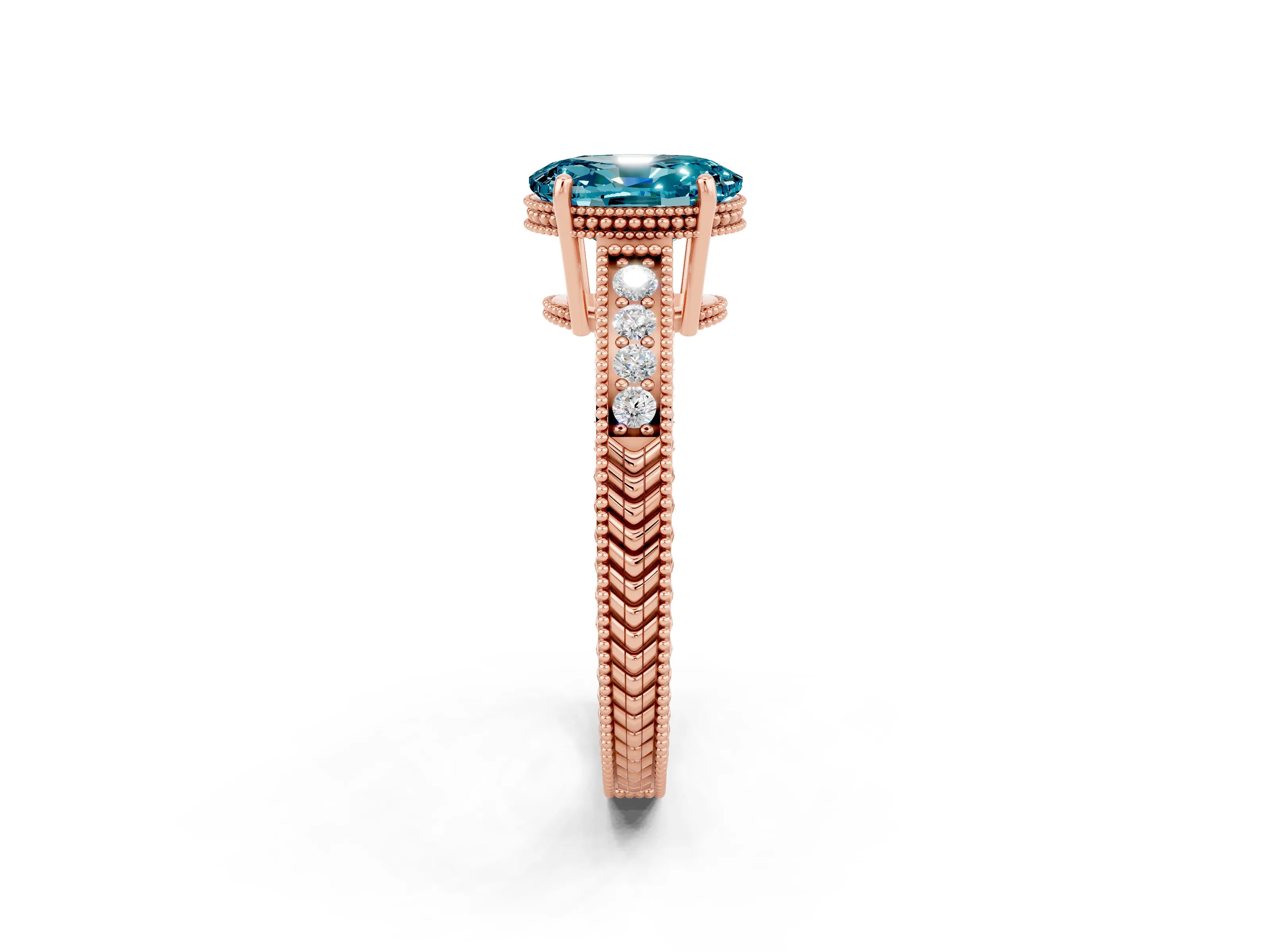 Rose gold Oval Cut Blue Topaz Ring with Milgrain Pavé Band and Four-Prong Setting_14