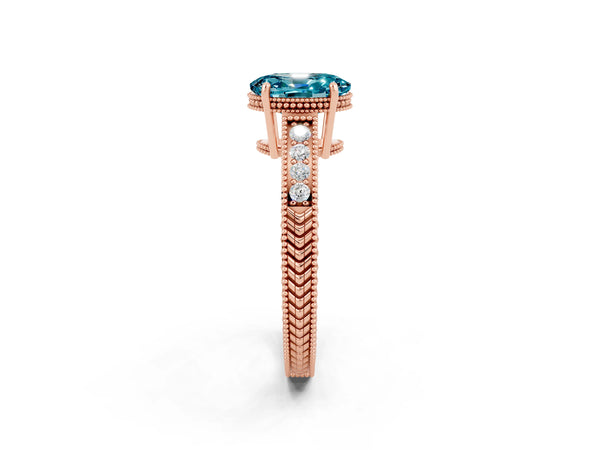 Rose gold Oval Cut Blue Topaz Ring with Milgrain Pavé Band and Four-Prong Setting