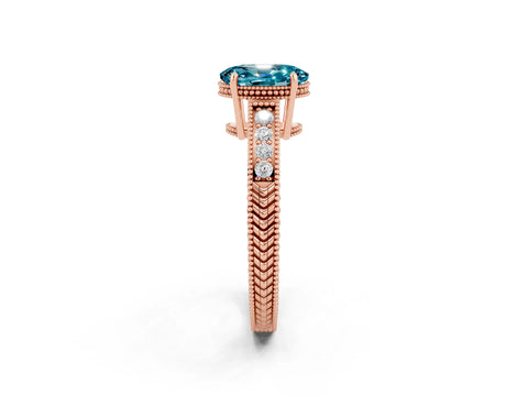 Rose gold Oval Cut Blue Topaz Ring with Milgrain Pavé Band and Four-Prong Setting_14