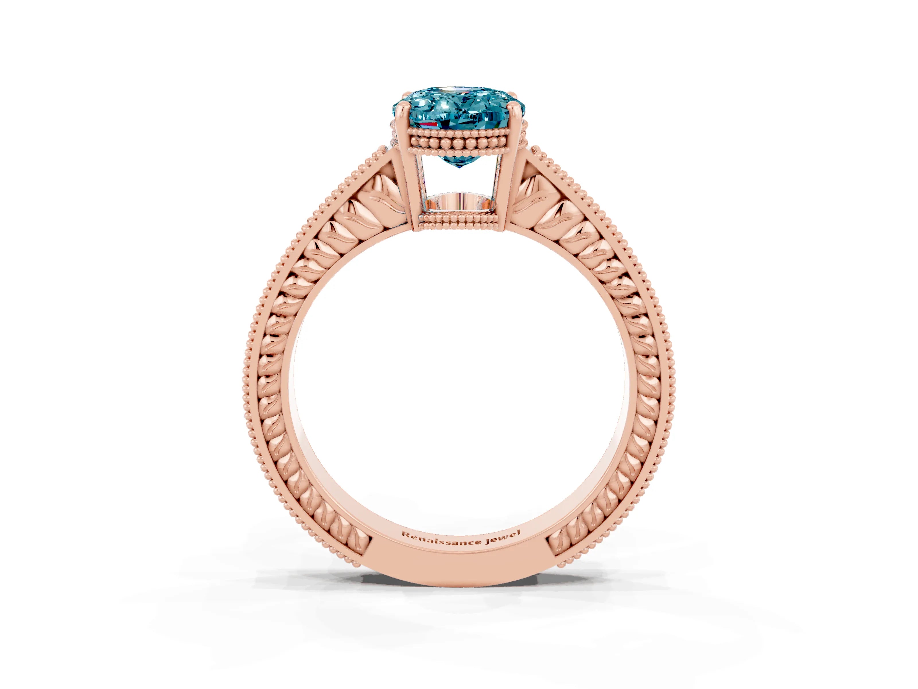 Rose gold Oval Cut Blue Topaz Ring with Milgrain Pavé Band and Four-Prong Setting_15