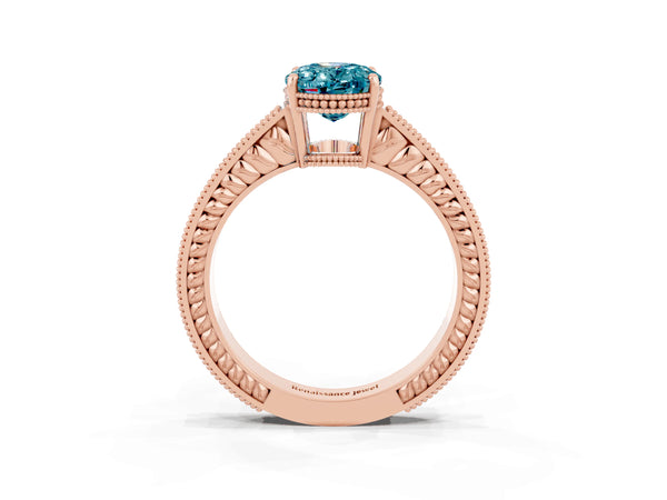 Rose gold Oval Cut Blue Topaz Ring with Milgrain Pavé Band and Four-Prong Setting