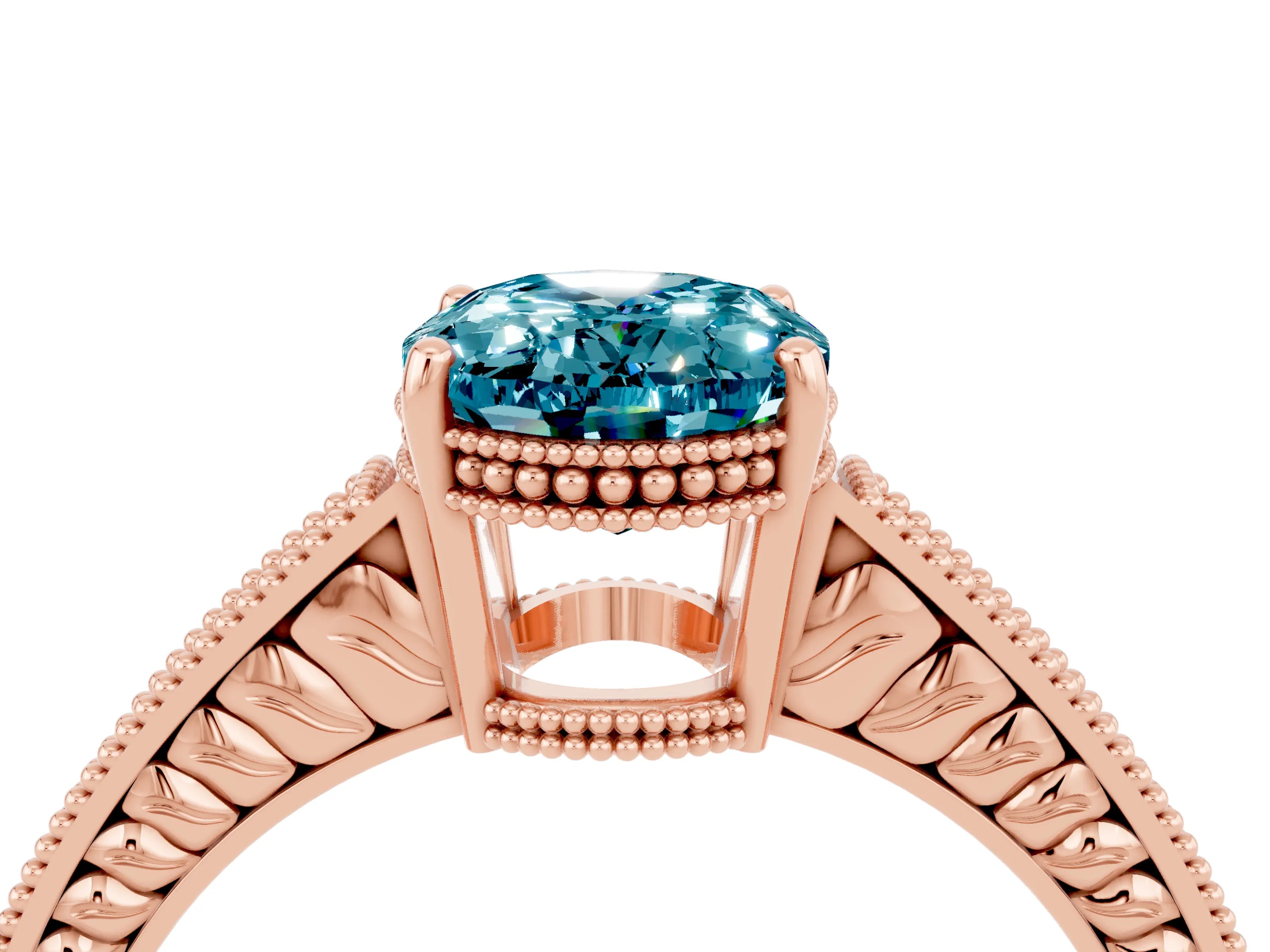 Rose gold Oval Cut Blue Topaz Ring with Milgrain Pavé Band and Four-Prong Setting_16