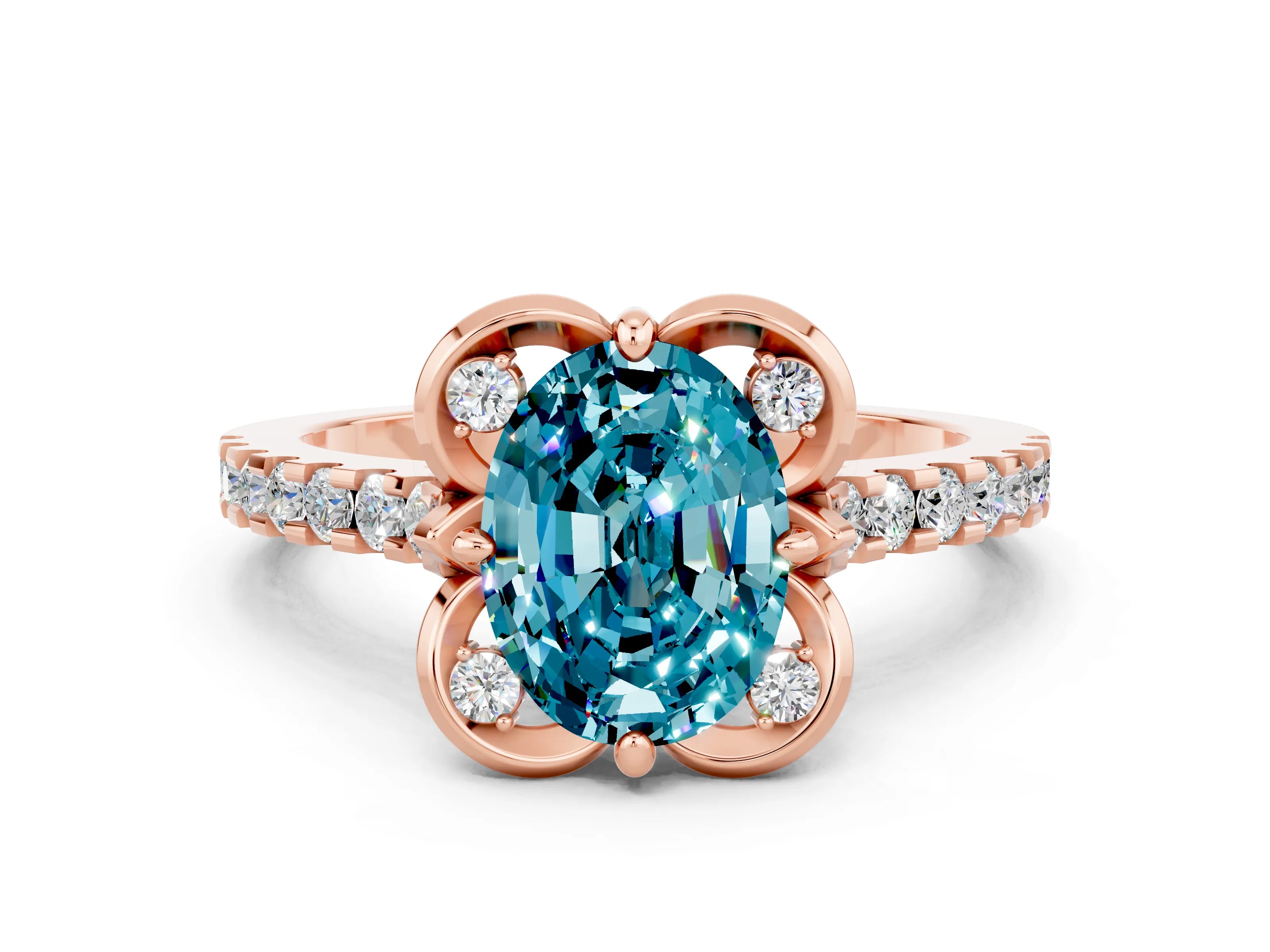 Rose gold Oval Cut Blue Topaz Ring with Pavé Band and Floral Prong Setting
