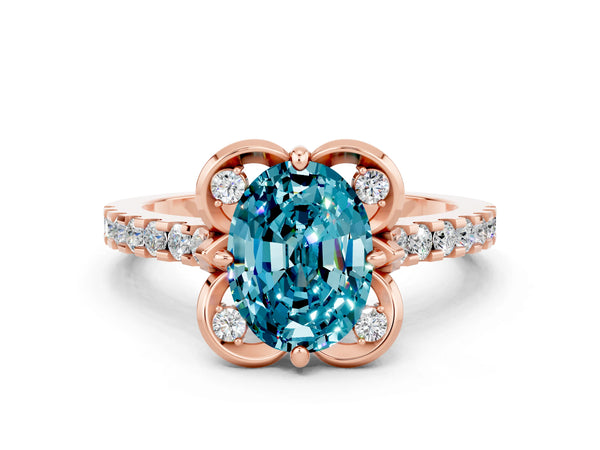Rose gold Oval Cut Blue Topaz Ring with Pavé Band and Floral Prong Setting