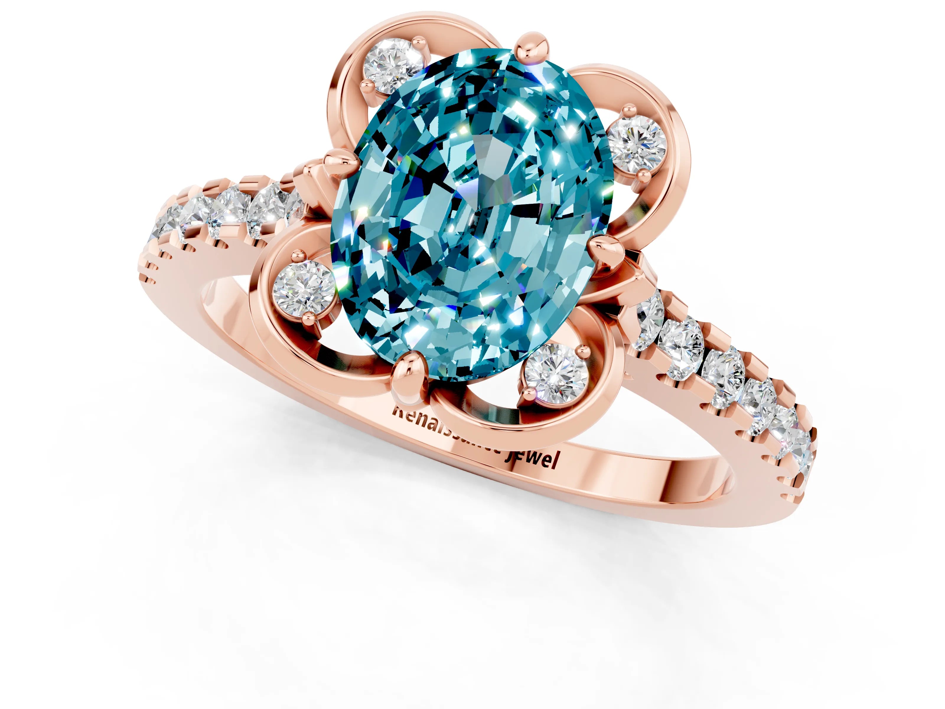 Rose gold Oval Cut Blue Topaz Ring with Pavé Band and Floral Prong Setting_1