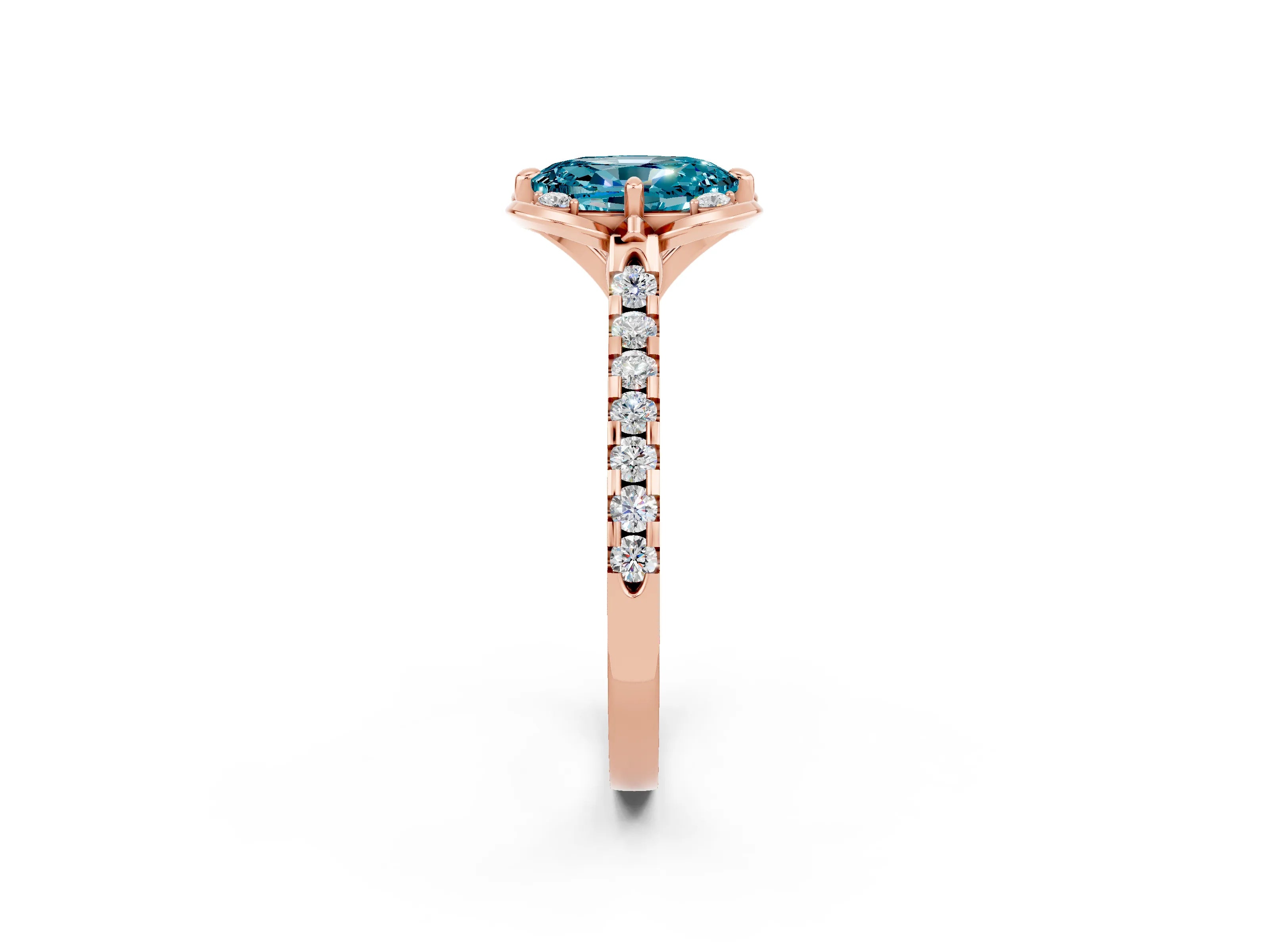 Rose gold Oval Cut Blue Topaz Ring with Pavé Band and Floral Prong Setting_2