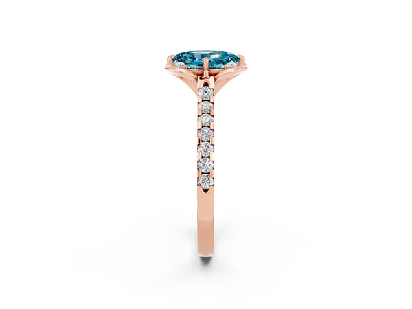 Rose gold Oval Cut Blue Topaz Ring with Pavé Band and Floral Prong Setting