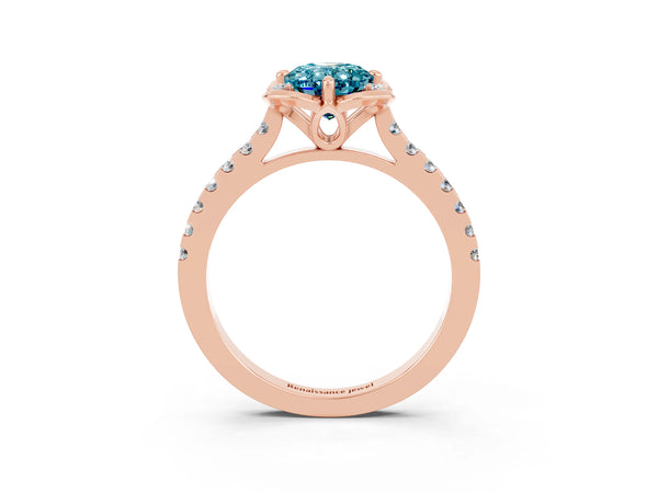Rose gold Oval Cut Blue Topaz Ring with Pavé Band and Floral Prong Setting