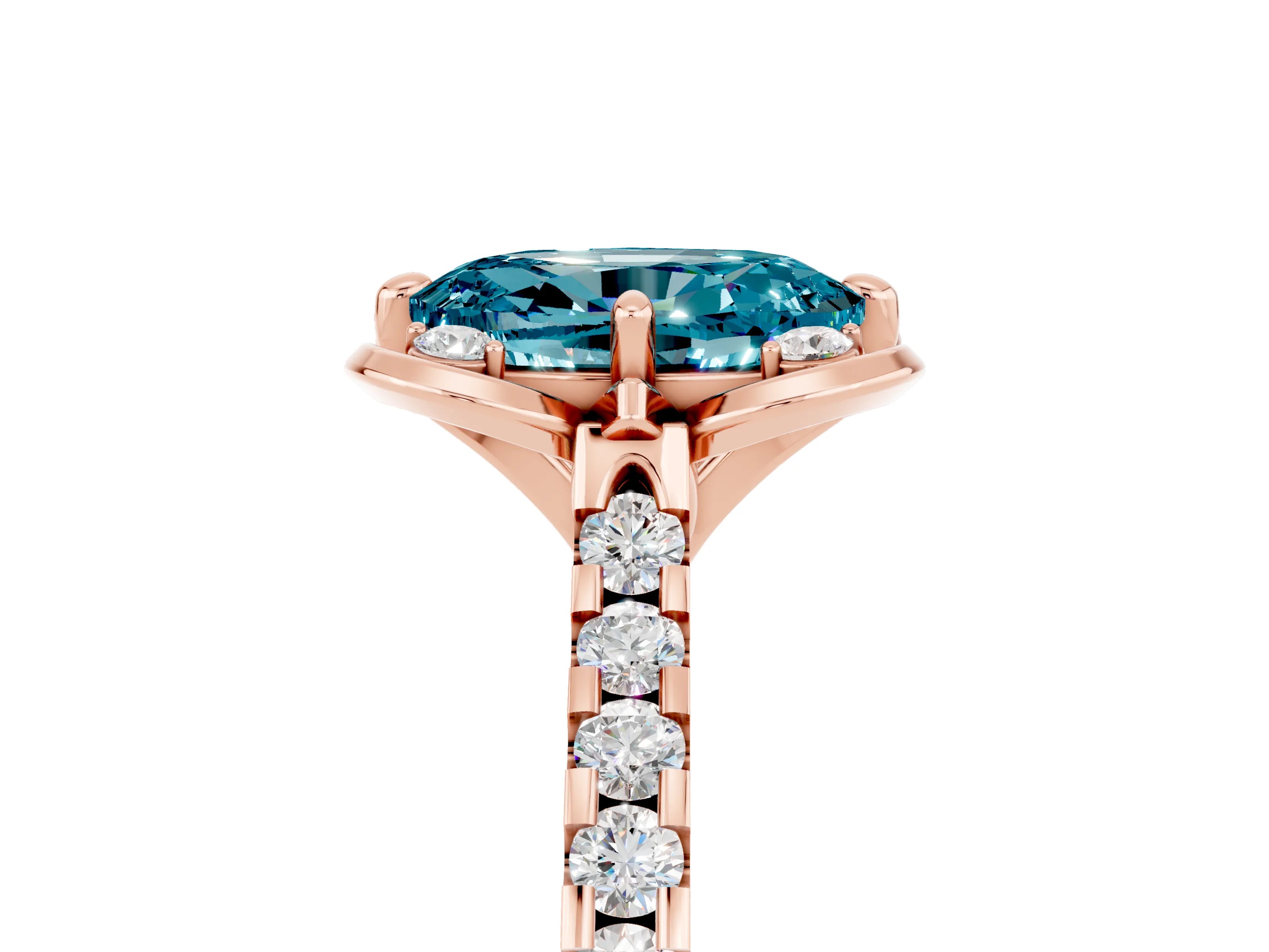Rose gold Oval Cut Blue Topaz Ring with Pavé Band and Floral Prong Setting_5