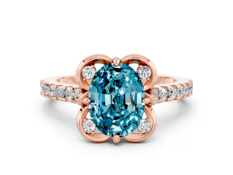 Rose gold Oval Cut Blue Topaz Ring with Pavé Band and Floral Prong Setting