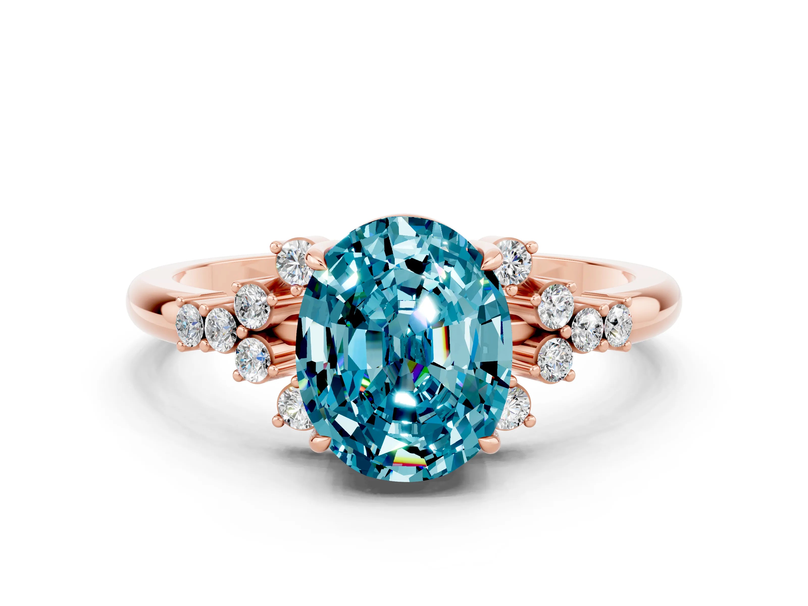 Rose gold Oval Cut Blue Topaz Ring with Side Stones and Four-Prong Setting_72