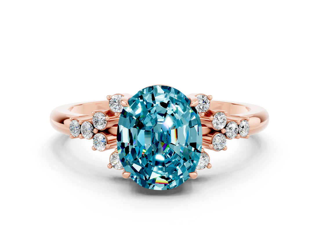Rose gold Oval Cut Blue Topaz Ring with Side Stones and Four-Prong Setting_72