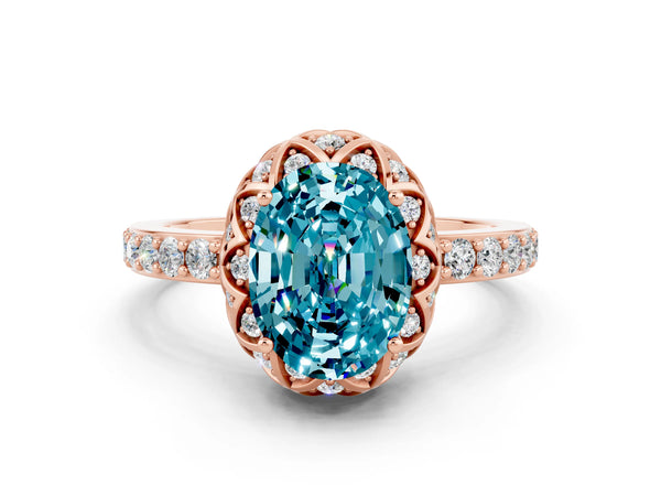 Rose gold Oval Cut Blue Topaz Scalloped Halo Engagement Ring with Round Shared Prong Band
