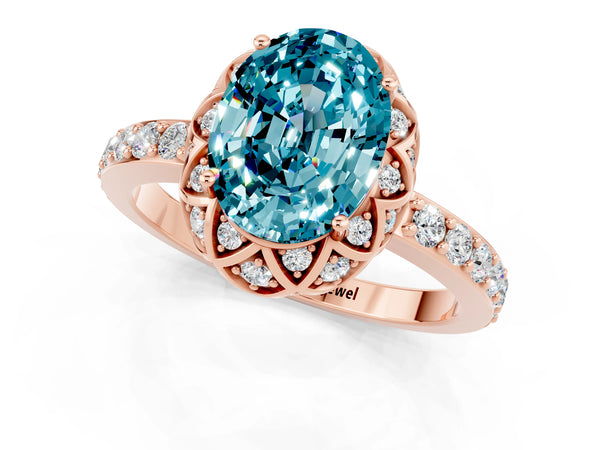 Rose gold Oval Cut Blue Topaz Scalloped Halo Engagement Ring with Round Shared Prong Band