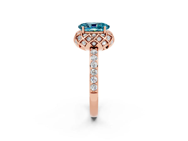 Rose gold Oval Cut Blue Topaz Scalloped Halo Engagement Ring with Round Shared Prong Band