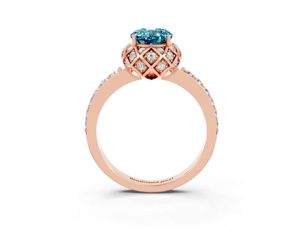 Rose gold Oval Cut Blue Topaz Scalloped Halo Engagement Ring with Round Shared Prong Band
