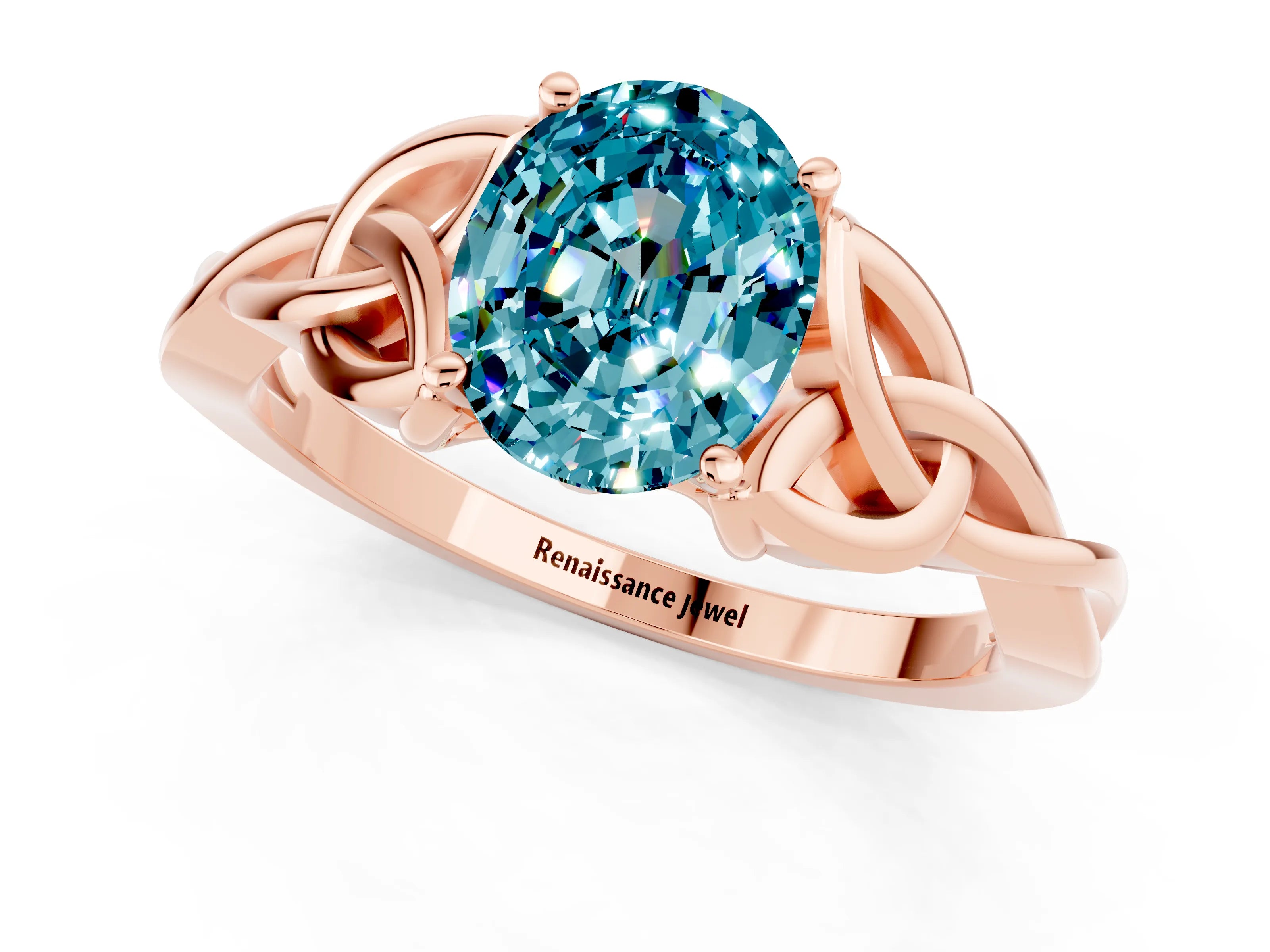 Rose gold Oval Cut Blue Topaz Solitaire Celtic Knot Ring with Four-Prong Setting_13