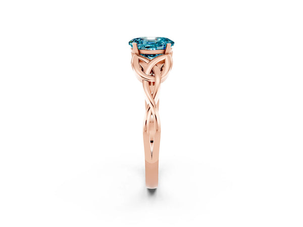 Rose gold Oval Cut Blue Topaz Solitaire Celtic Knot Ring with Four-Prong Setting