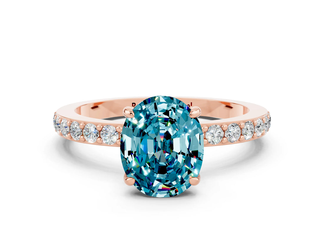 Rose gold Oval Cut Blue Topaz Solitaire Engagement Ring with Pavé Band and Four-Prong Setting_12