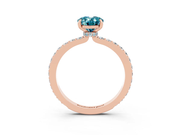 Rose gold Oval Cut Blue Topaz Solitaire Engagement Ring with Pavé Band and Four-Prong Setting