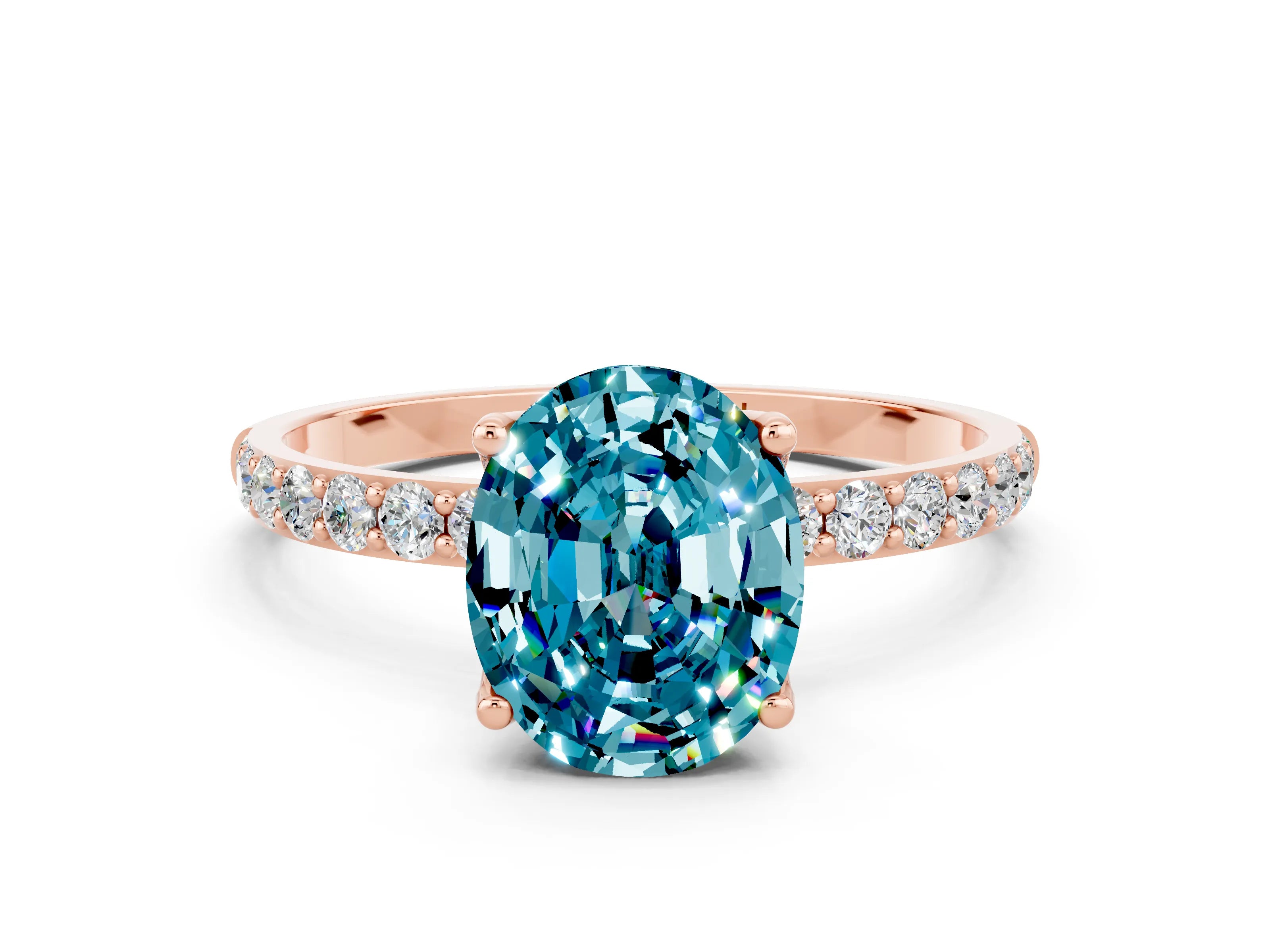 Rose gold Oval Cut Blue Topaz Solitaire Engagement Ring with Pavé Band and Prong Setting