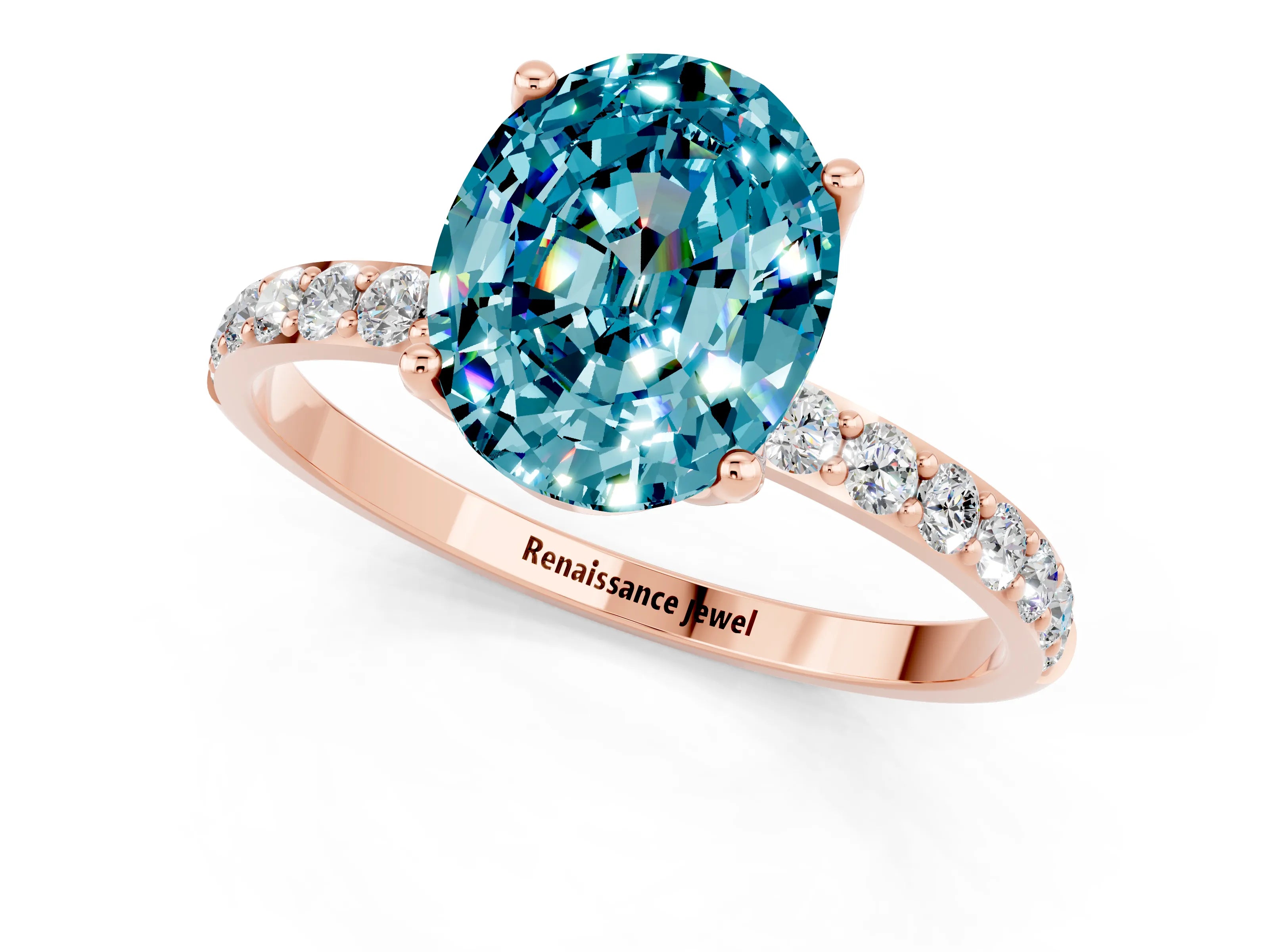 Rose gold Oval Cut Blue Topaz Solitaire Engagement Ring with Pavé Band and Prong Setting_1