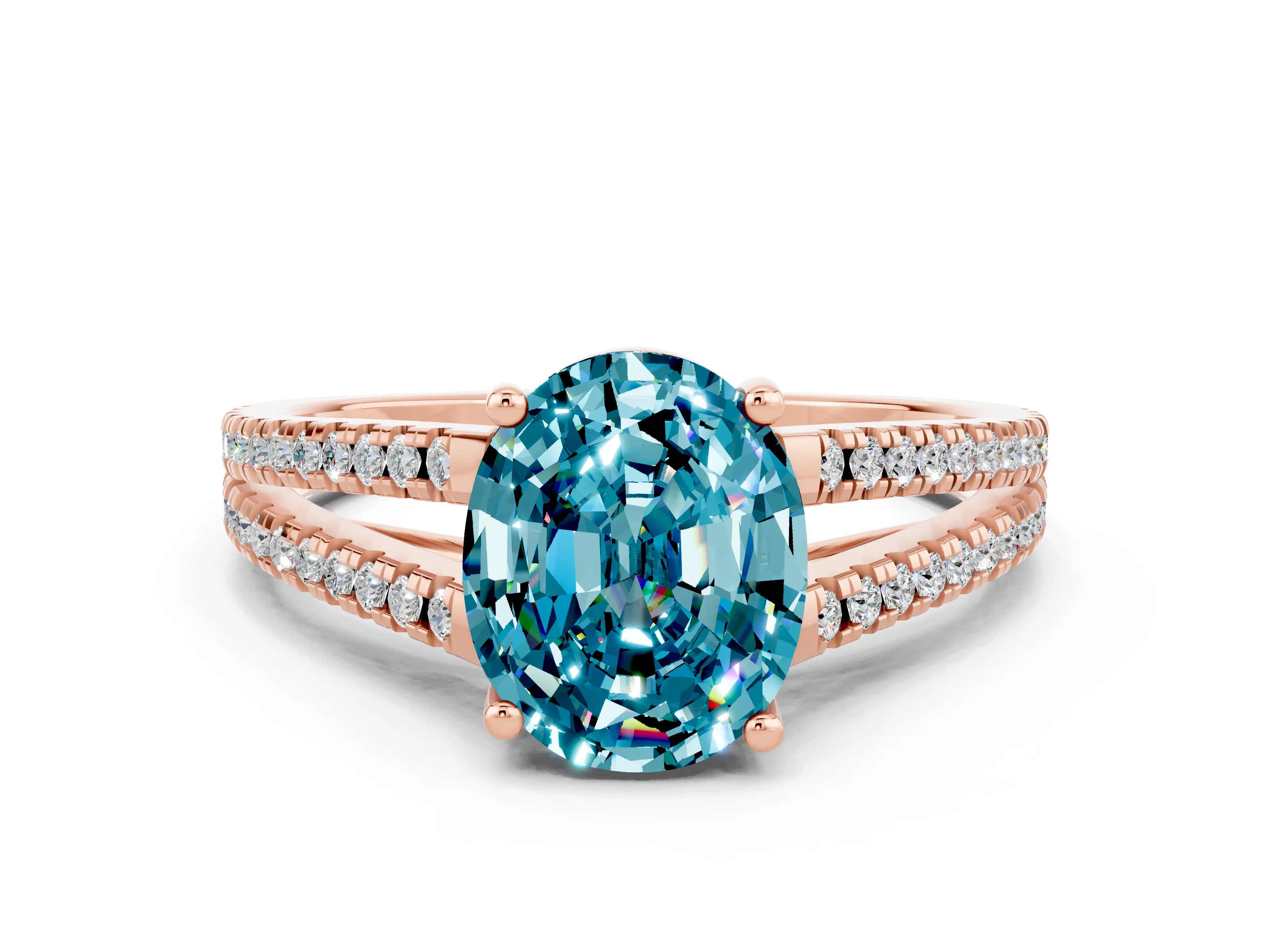 Rose gold Oval Cut Blue Topaz Solitaire Engagement Ring with Split Shank Pavé Band