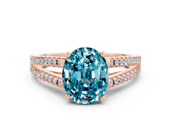 Rose gold Oval Cut Blue Topaz Solitaire Engagement Ring with Split Shank Pavé Band