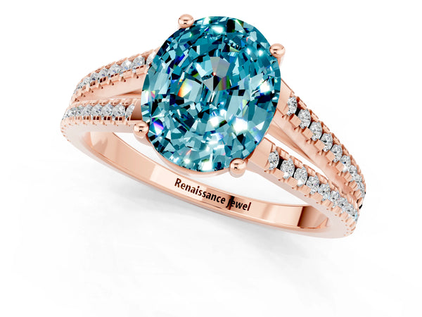 Rose gold Oval Cut Blue Topaz Solitaire Engagement Ring with Split Shank Pavé Band