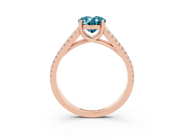 Rose gold Oval Cut Blue Topaz Solitaire Engagement Ring with Split Shank Pavé Band