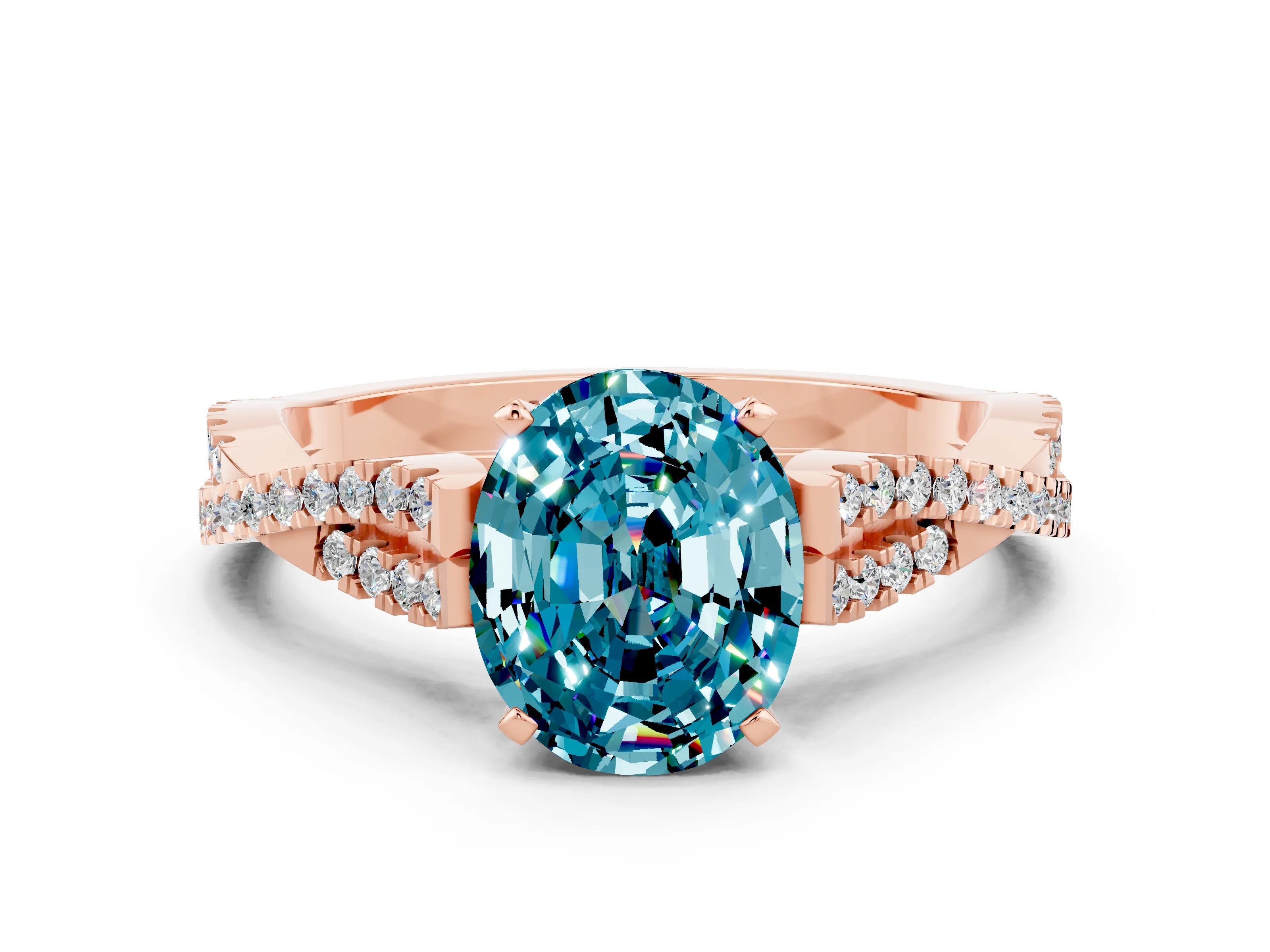 Rose gold Oval Cut Blue Topaz Solitaire Engagement Ring with Twisted Pavé Band and Four-Prong Setting