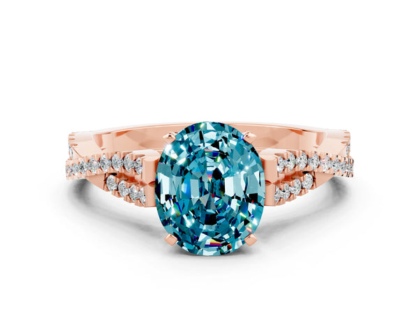 Rose gold Oval Cut Blue Topaz Solitaire Engagement Ring with Twisted Pavé Band and Four-Prong Setting