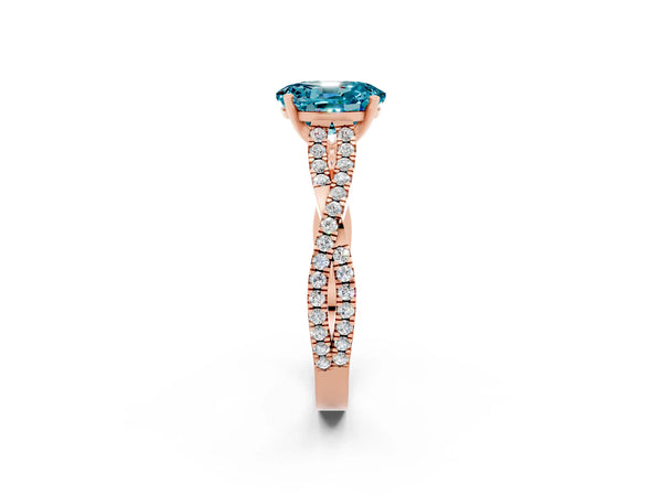 Rose gold Oval Cut Blue Topaz Solitaire Engagement Ring with Twisted Pavé Band and Four-Prong Setting