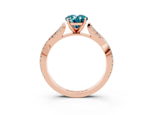 Rose gold Oval Cut Blue Topaz Solitaire Engagement Ring with Twisted Pavé Band and Four-Prong Setting