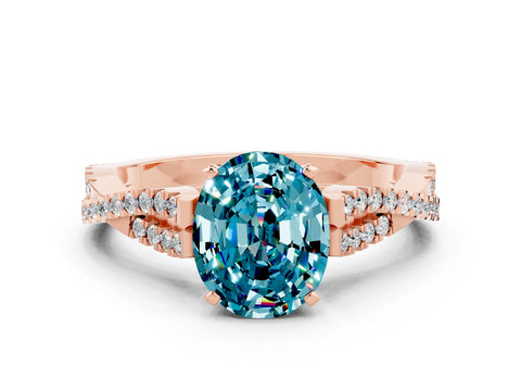 Rose gold Oval Cut Blue Topaz Solitaire Engagement Ring with Twisted Pavé Band and Four-Prong Setting