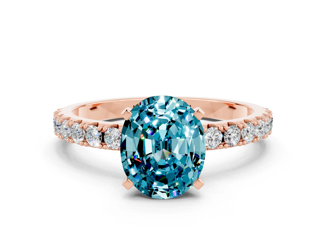 Rose gold Oval Cut Blue Topaz Solitaire Pavé Band with Four-Prong Setting