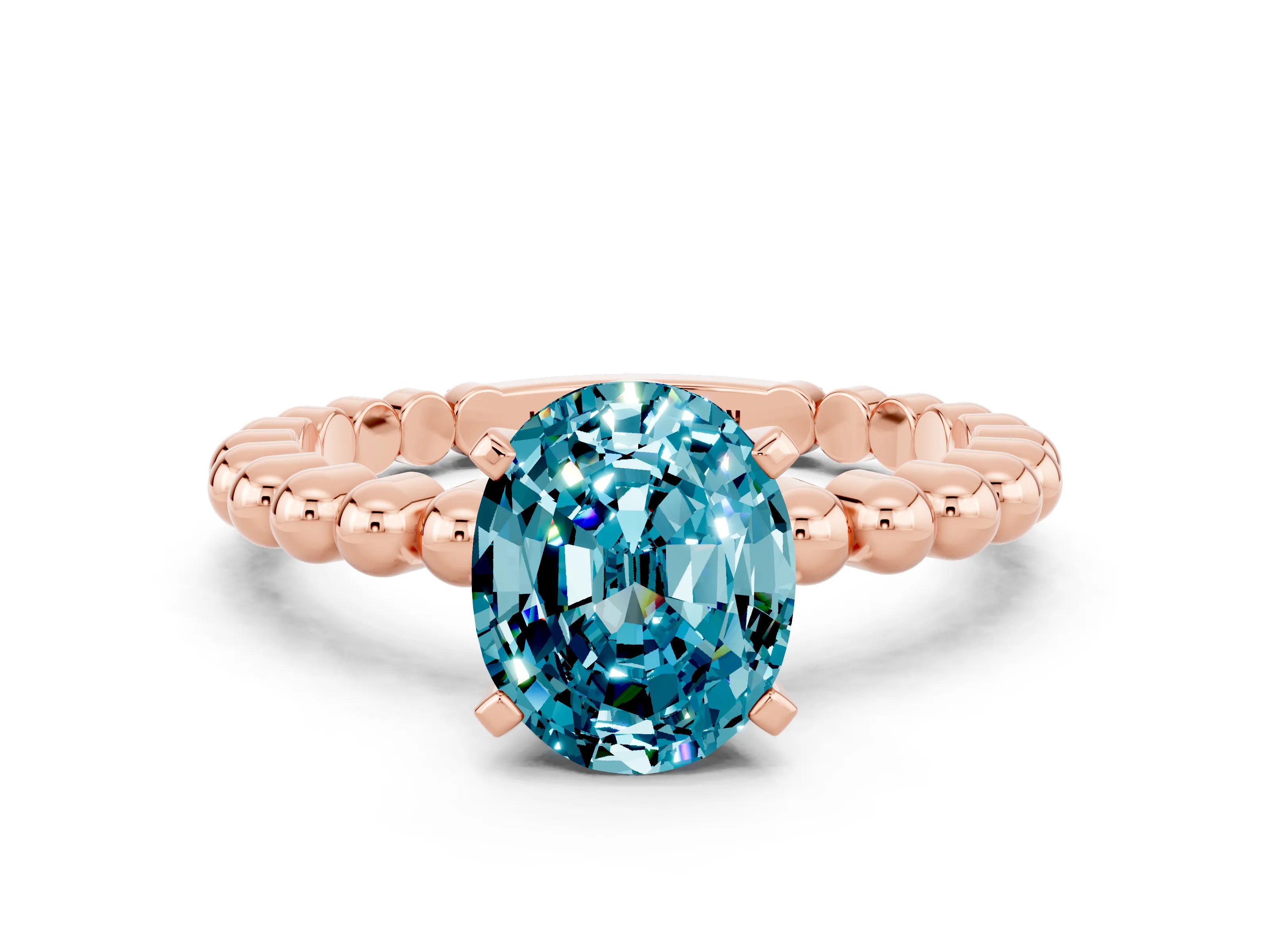 Rose gold Oval Cut Blue Topaz Solitaire Ring with Beaded Band and Prong Setting