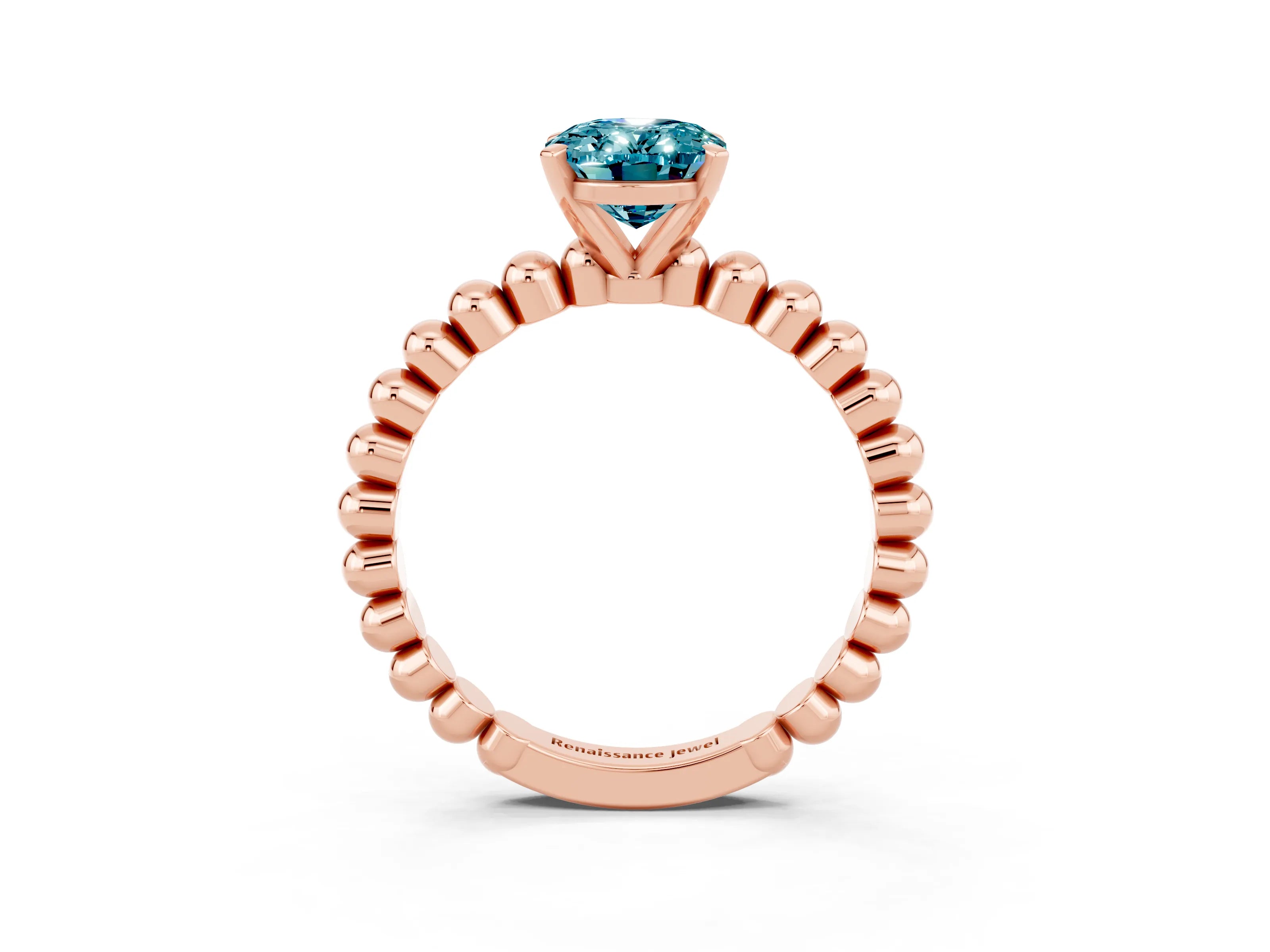 Rose gold Oval Cut Blue Topaz Solitaire Ring with Beaded Band and Prong Setting_3