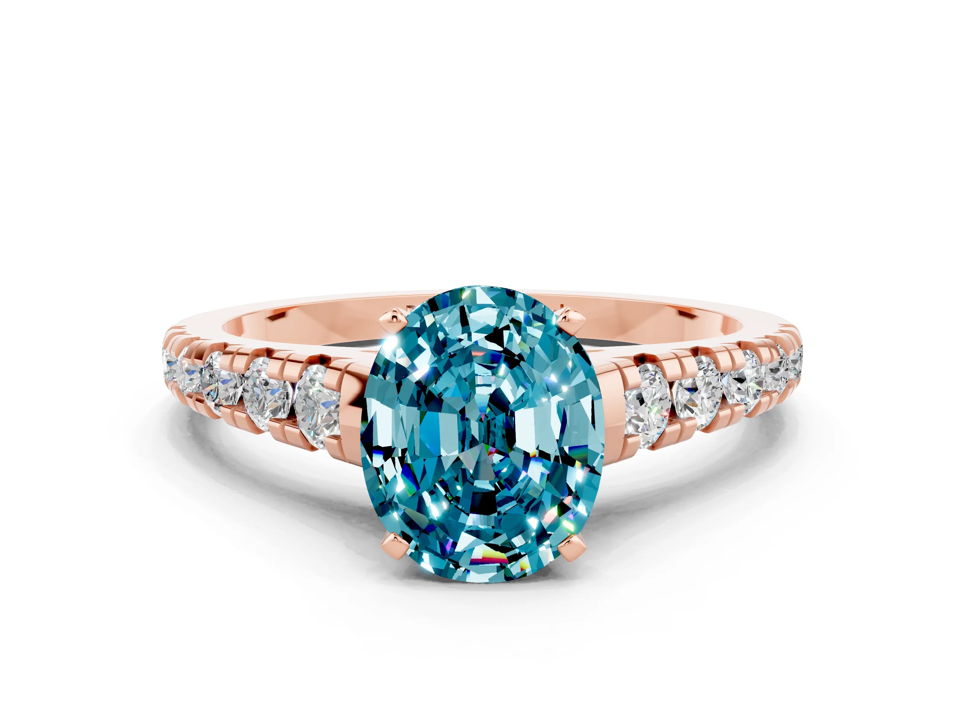 Rose gold Oval Cut Blue Topaz Solitaire Ring with Cathedral Setting and Pavé Band