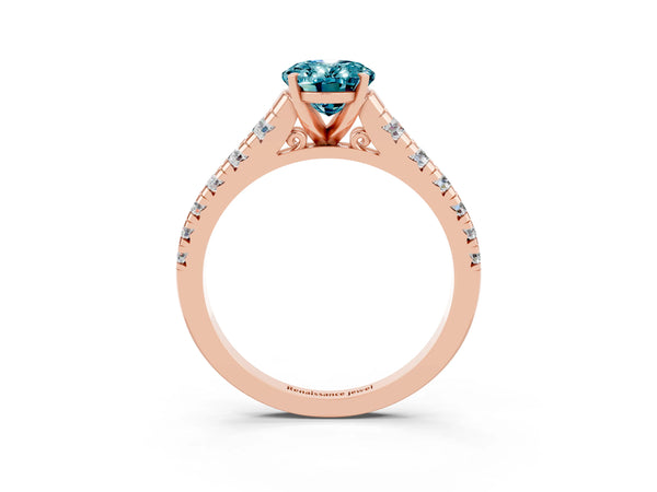 Rose gold Oval Cut Blue Topaz Cathedral Solitaire Ring with Round  Pavé Band