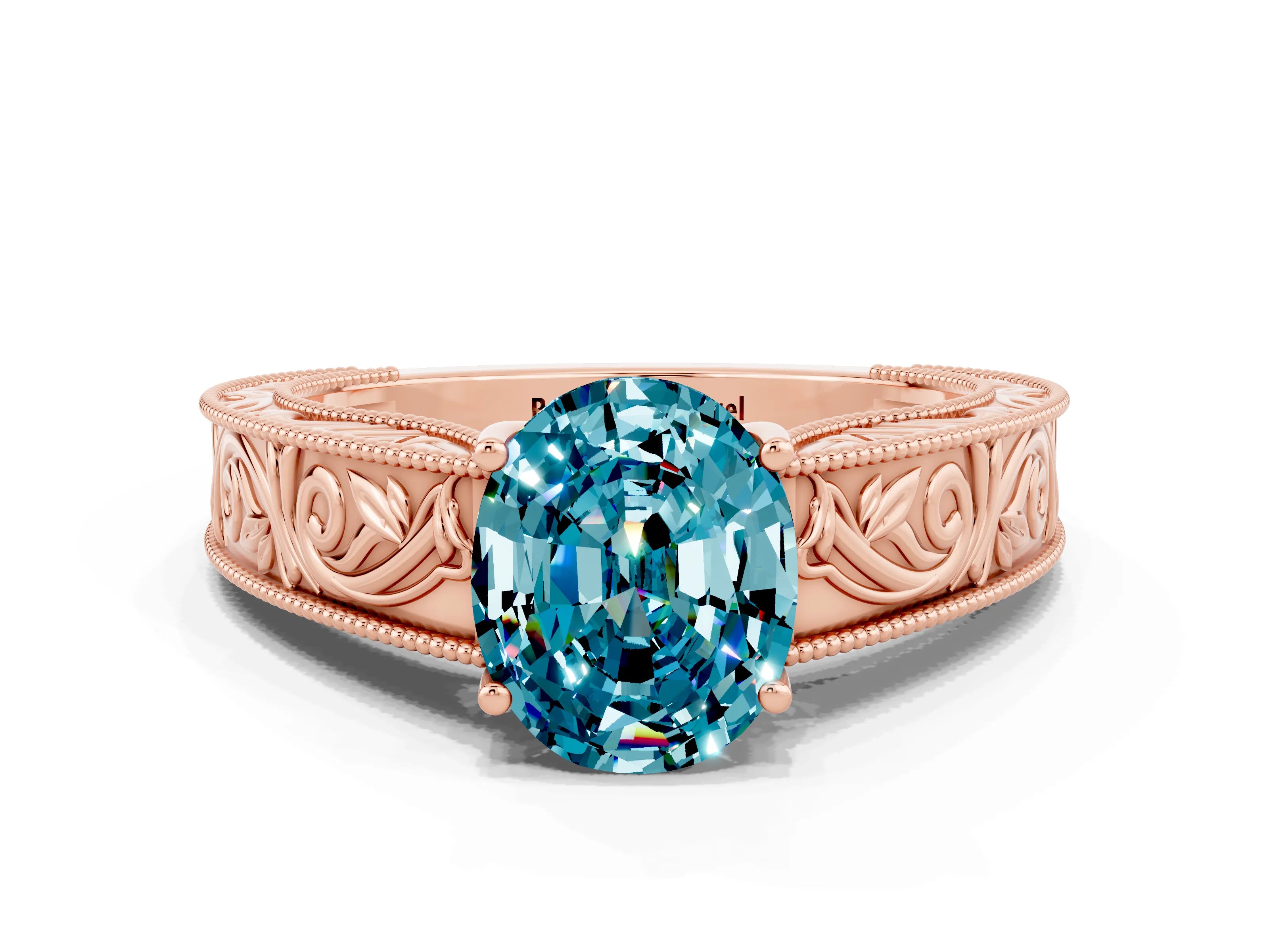 Rose gold Oval Cut Blue Topaz Solitaire Ring with Engraved Band and Four-Prong Setting