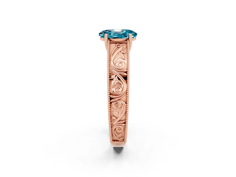 Rose gold Oval Cut Blue Topaz Solitaire Ring with Engraved Band and Four-Prong Setting_2