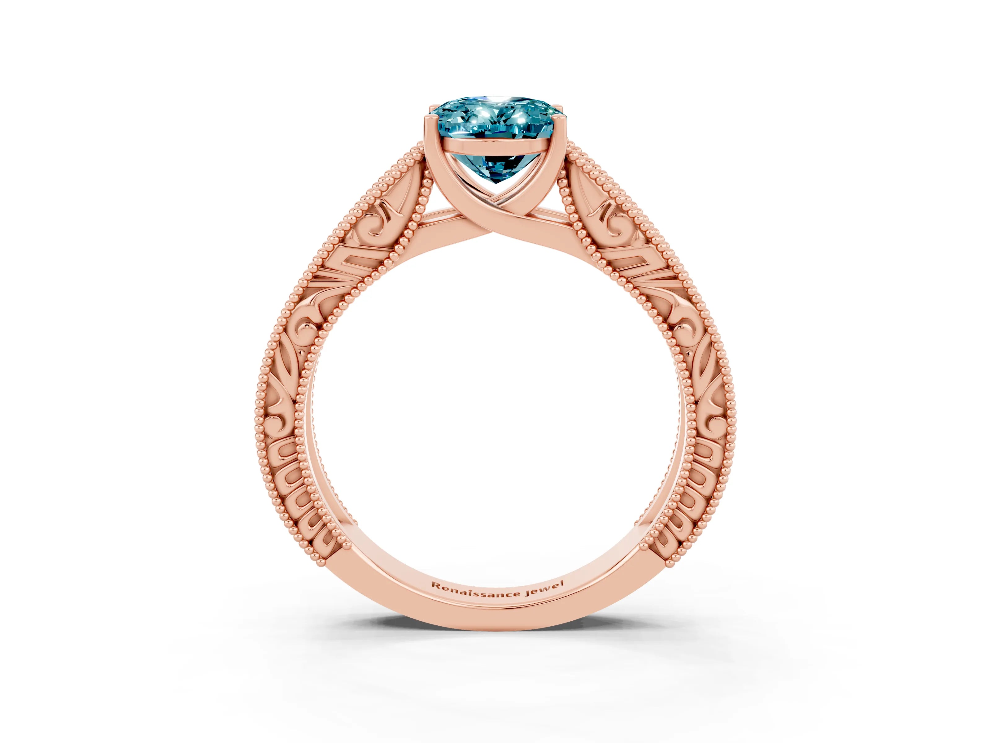 Rose gold Oval Cut Blue Topaz Solitaire Ring with Engraved Band and Four-Prong Setting_3