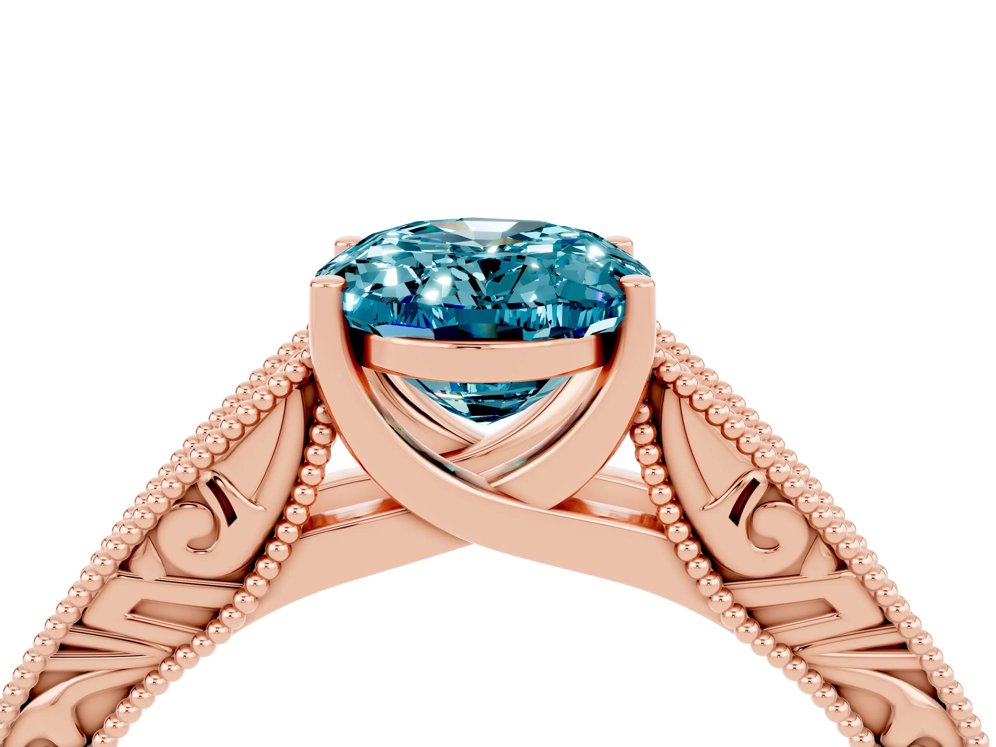 Rose gold Oval Cut Blue Topaz Solitaire Ring with Engraved Band and Four-Prong Setting_4