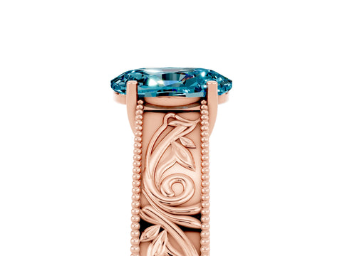Rose gold Oval Cut Blue Topaz Solitaire Ring with Engraved Band and Four-Prong Setting_5