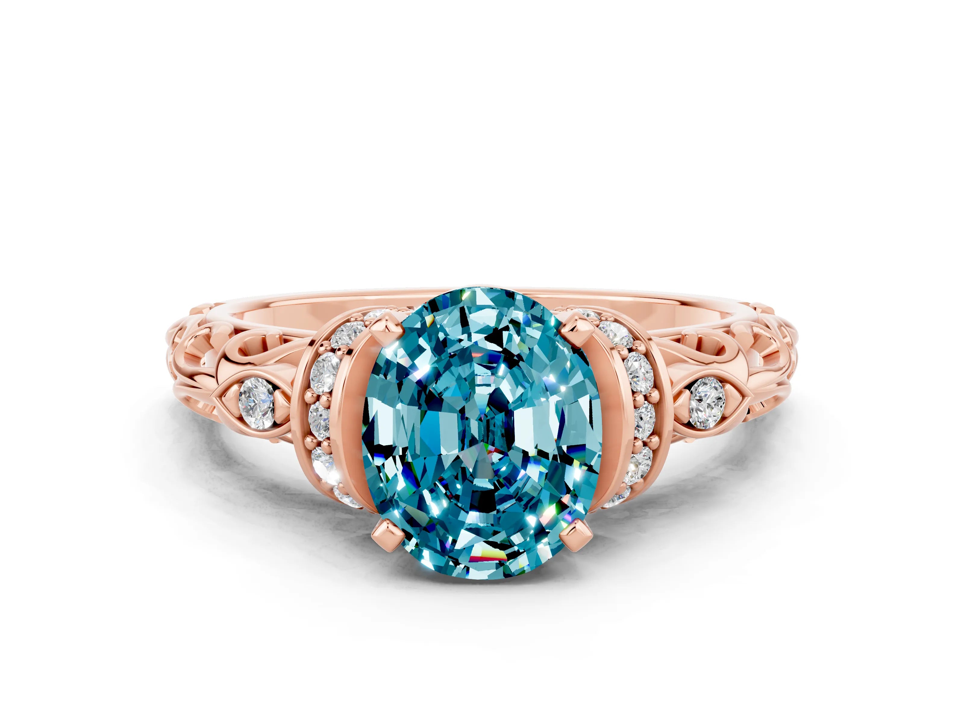 Rose gold Oval Cut Blue Topaz Solitaire Ring with Filigree Band and Four-Prong Setting_24